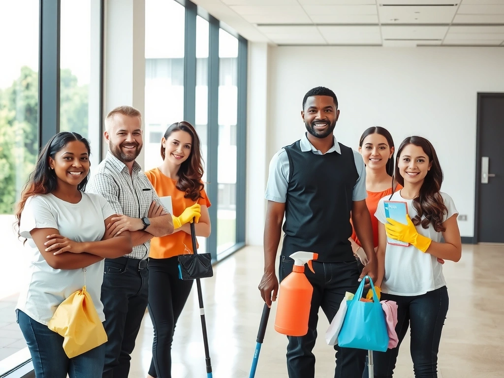 O echipă de curățenie zâmbitoare, gata să ajute, într-un birou modern și curat