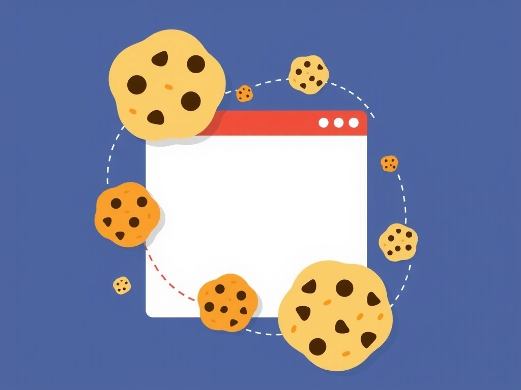 Ilustrație cu diverse tipuri de cookie-uri și un browser web