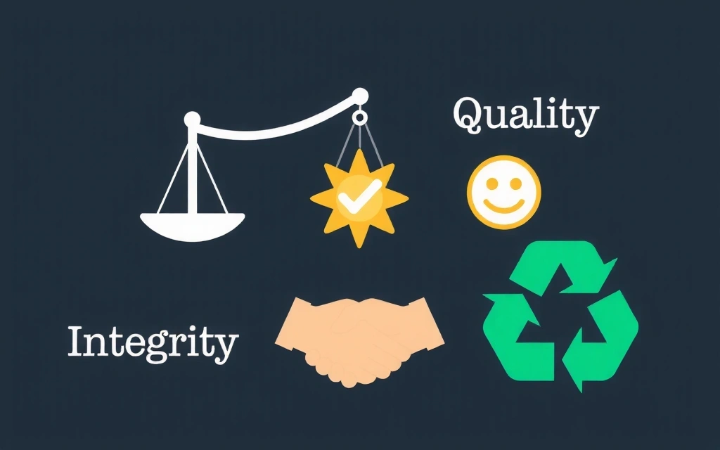 Simboluri care reprezintă principalele valori ale cleanlynx: integritate, calitate, satisfacția clientului și sustenabilitate