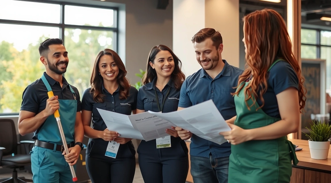 Imagine ilustrativă cu o echipă de curățenie discutând cu un client, simbolizând servicii personalizate.