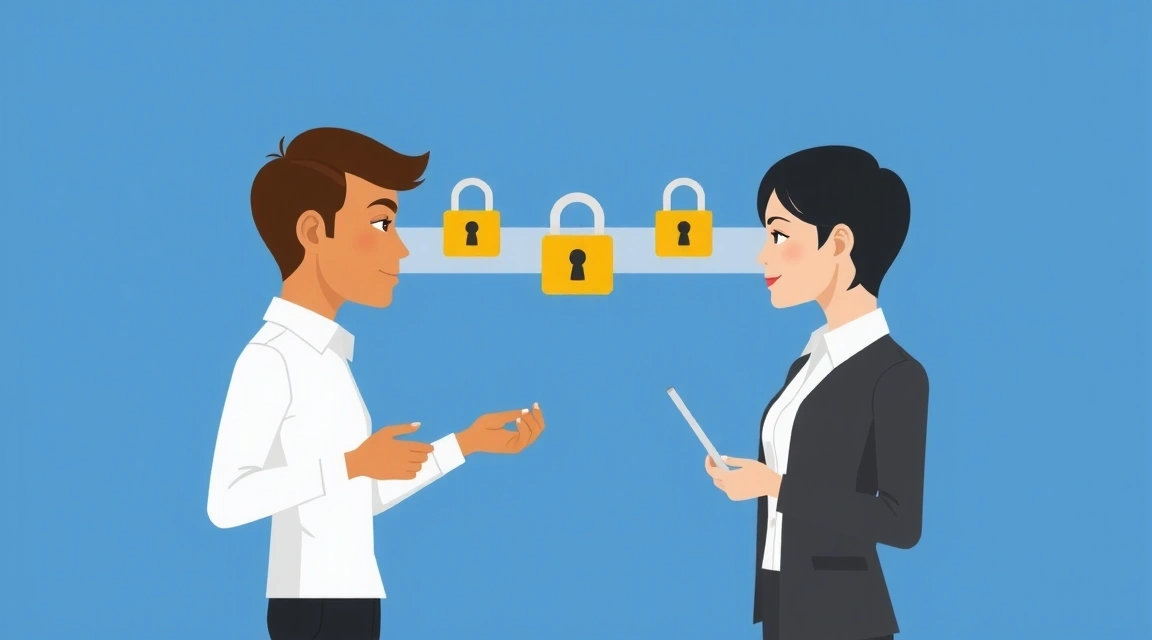 Două persoane schimbând informații, simbolizând partajarea securizată a datelor