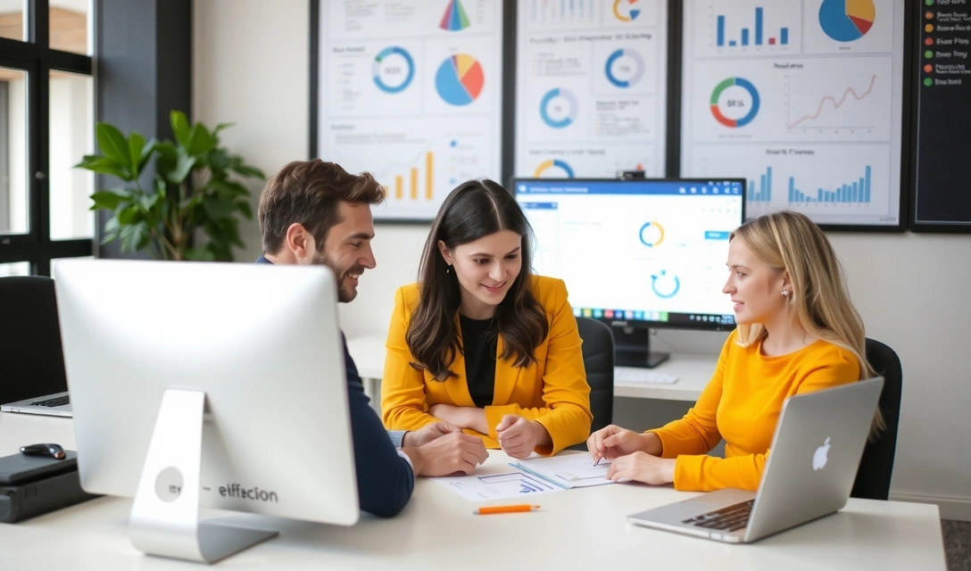 Echipă lucrând pentru a îmbunătăți serviciile, cu diagrame și grafice