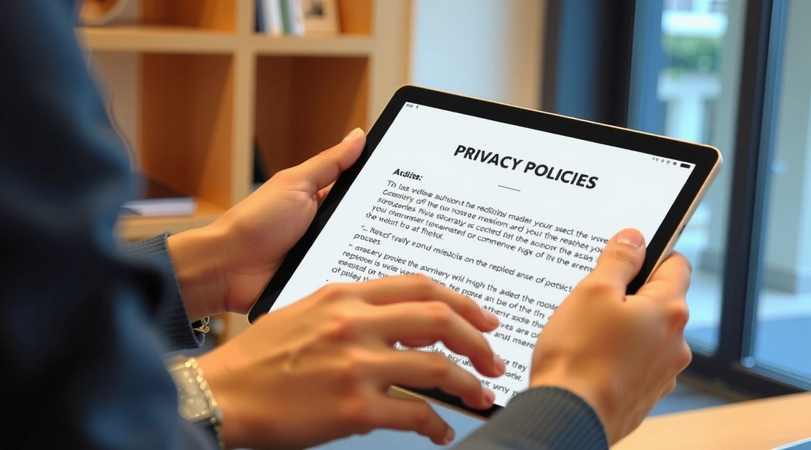 O persoană citind un document digital pe o tabletă, simbolizând înțelegerea politicilor de confidențialitate