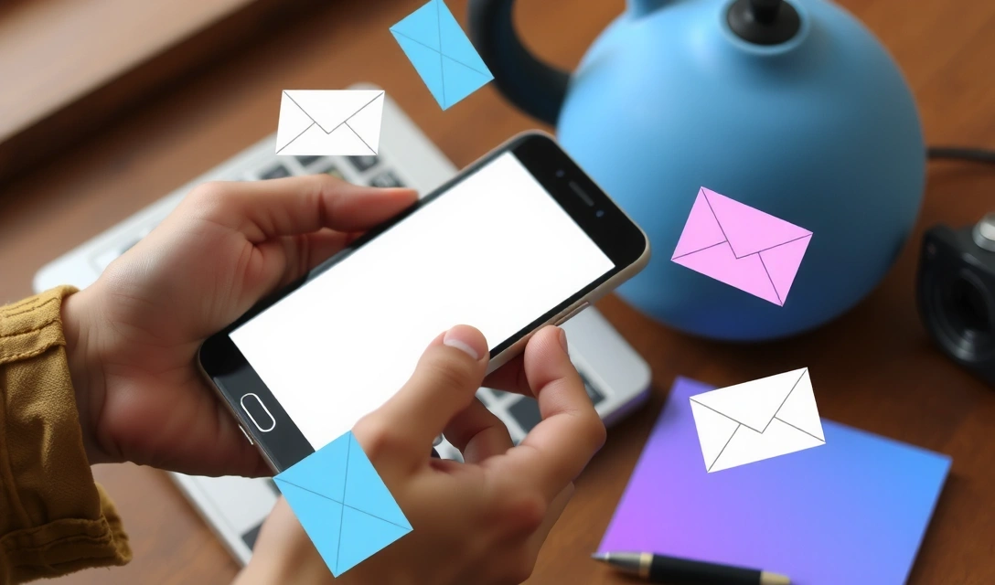 Persoană primind o notificare de marketing pe telefon, cu elemente de e-mail marketing