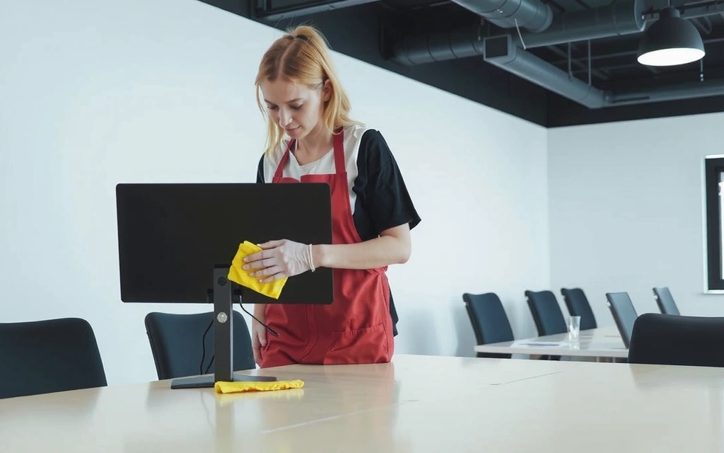 Imagine curățenie comercială, cu o persoană curățând un birou modern